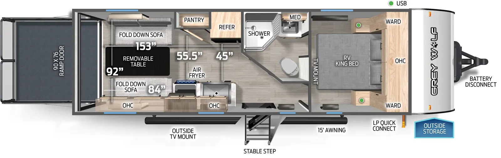 The Grey Wolf 22RR floorplan is a toy hauler that has one entry and zero slide outs. Exterior features include: metal exterior and 15' awning. Interiors features include: front bedroom.